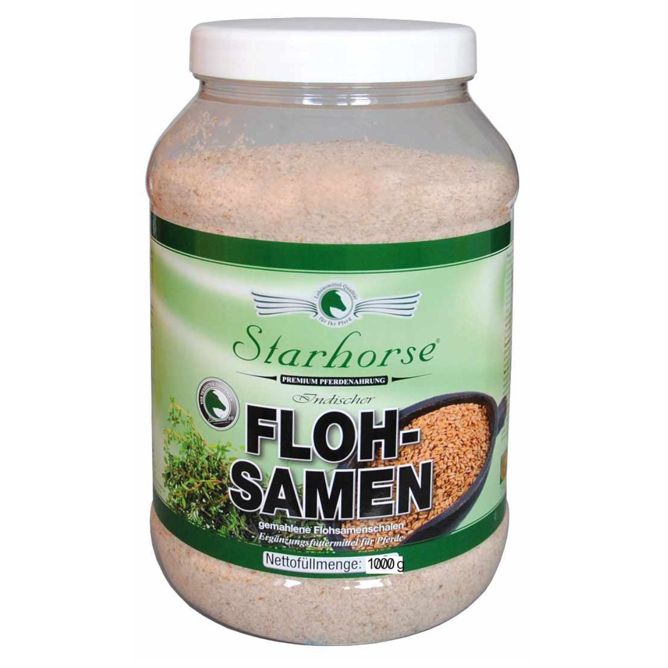 Transparente Dose mit Starhorse Flohsamen. Etikett mit Produktname und Logo.