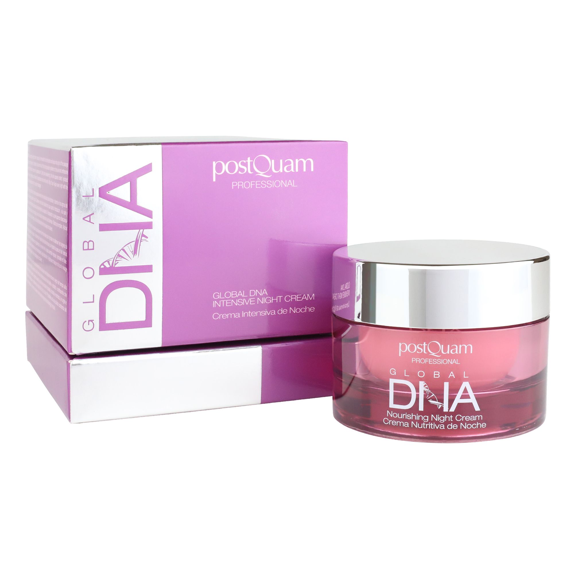 Creme-Tiegel und Verpackung. Aufschrift: Postquam Global DNA Intensive Night Cream. Rosa Tiegel, silberner Deckel, lila Verpackung.
