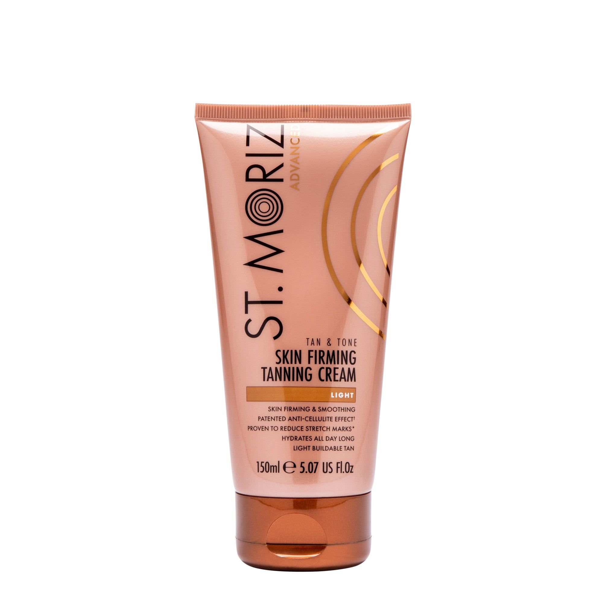 Hautstraffende Selbstbräunungscreme in Tube. Marke: St. Moriz. Text: Skin Firming Tanning Cream, Light. 150ml.