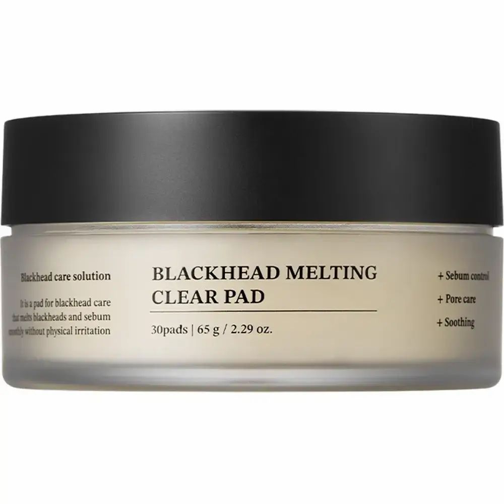 Behälter mit Pads. Schwarzer Deckel, transparente Dose. Aufschrift: Blackhead Melting Clear Pad. 30 Pads, 65 g / 2.29 oz.