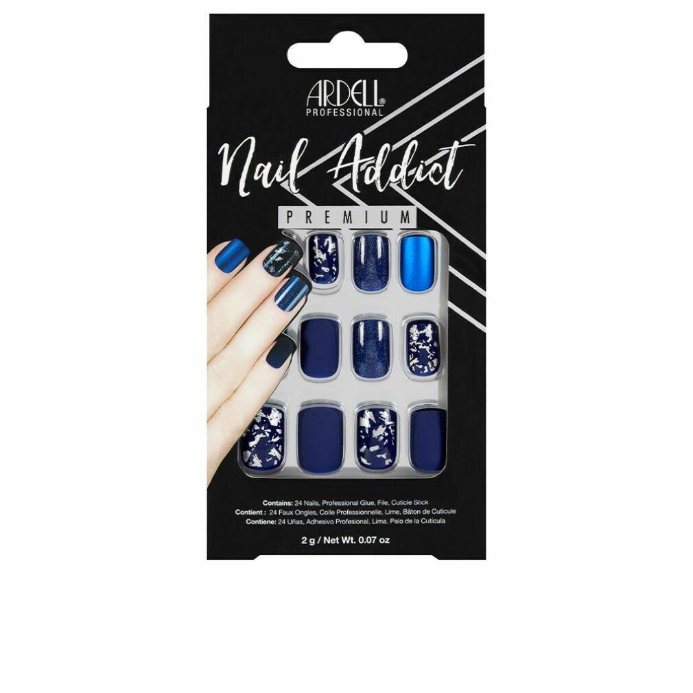 Ardell Nail Addict Premium: 24 blaue und gemusterte Kunstnägel in verschiedenen Designs.