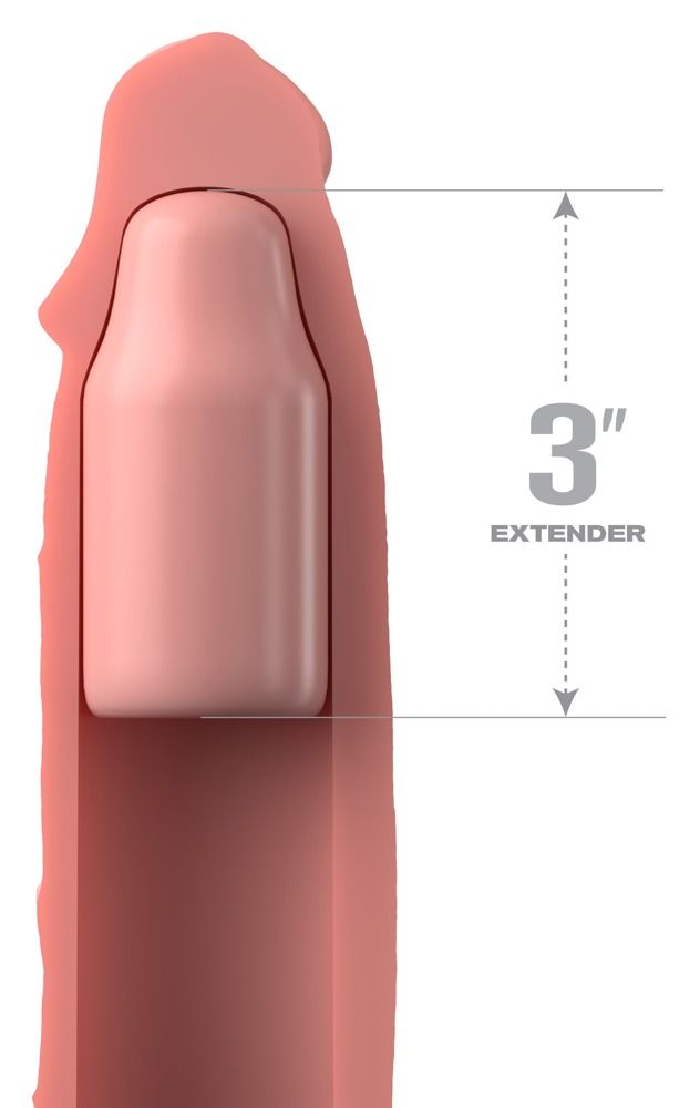 Rosa Silikon-Penisverlängerung mit eingelegtem Einsatz. 3" Extender-Markierung. Nahaufnahme.