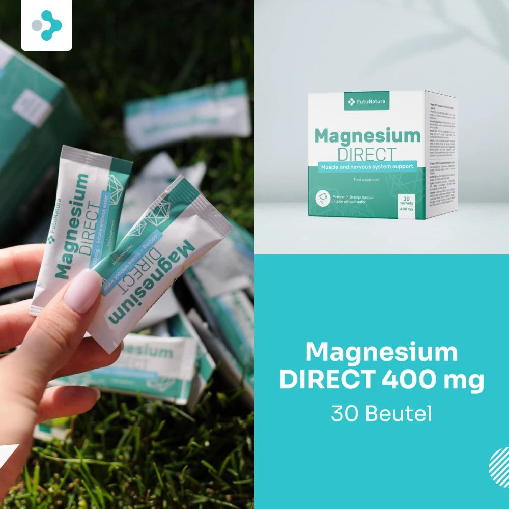 Hände halten Beutel mit Magnesium DIRECT. Schachtel im Hintergrund. Aufschrift Magnesium DIRECT 400 mg.