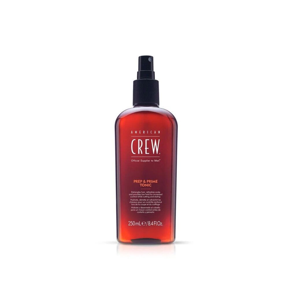Rote Flasche mit schwarzem Sprühkopf. Aufschrift: American Crew, Prep & Prime Tonic. Volumen: 250ml/8.4 fl oz.