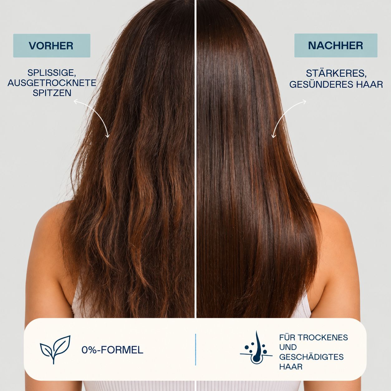 Vorher-Nachher-Vergleich von Haaren, die mit Valquer Total Repair Maske behandelt wurden.