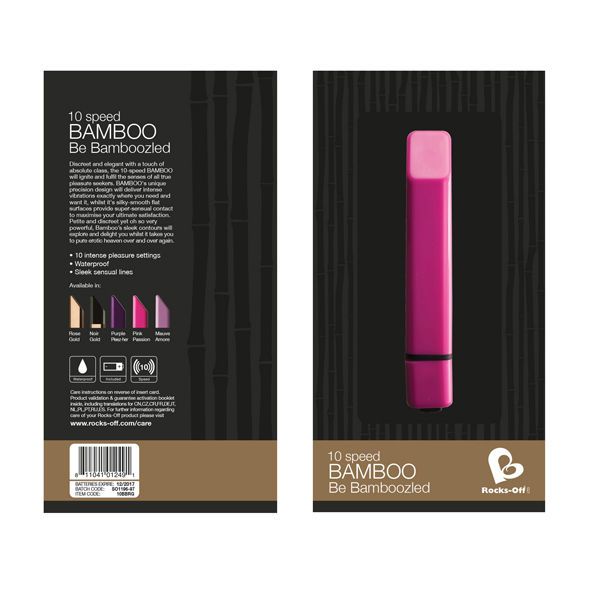 Verpackung für einen pinken 10-Gang-Bambus-Vibrator mit Produktabbildung und Details.