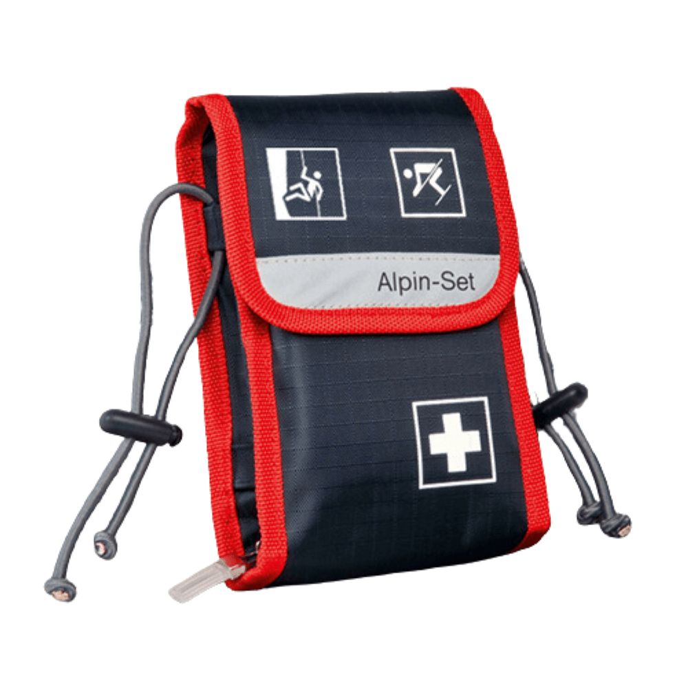 Kompakte schwarze Erste-Hilfe-Tasche mit rotem Rand und Bergsteiger-/Skifahrersymbolen. Enthält ein weißes Kreuz.