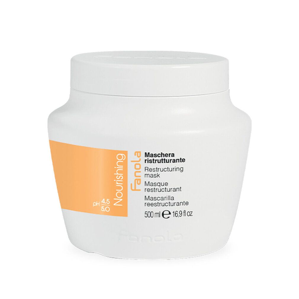 Fanola Nourishing Haarkur, 500 ml. Weiße Dose mit orangefarbenem Etikett.