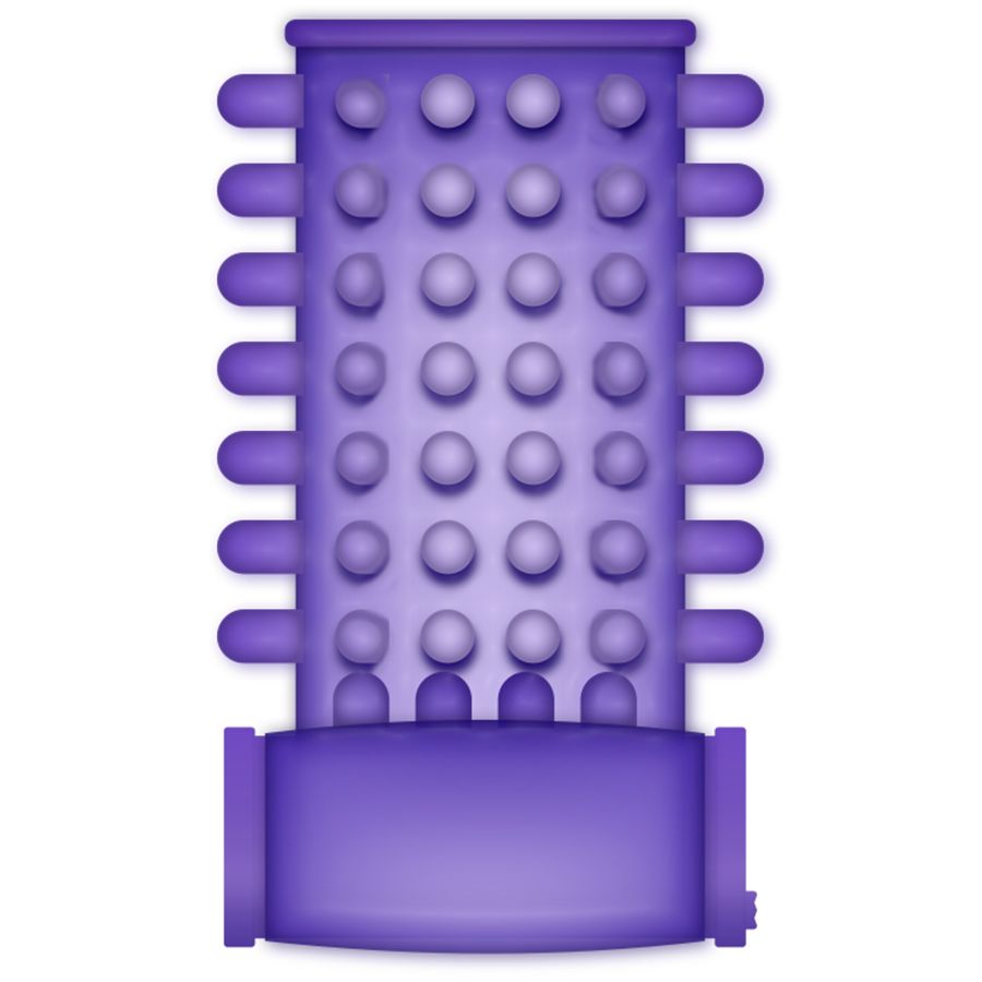 Lila Penismanschette mit Noppen und Stacheln. Unterer Teil mit Ring. Detailansicht.