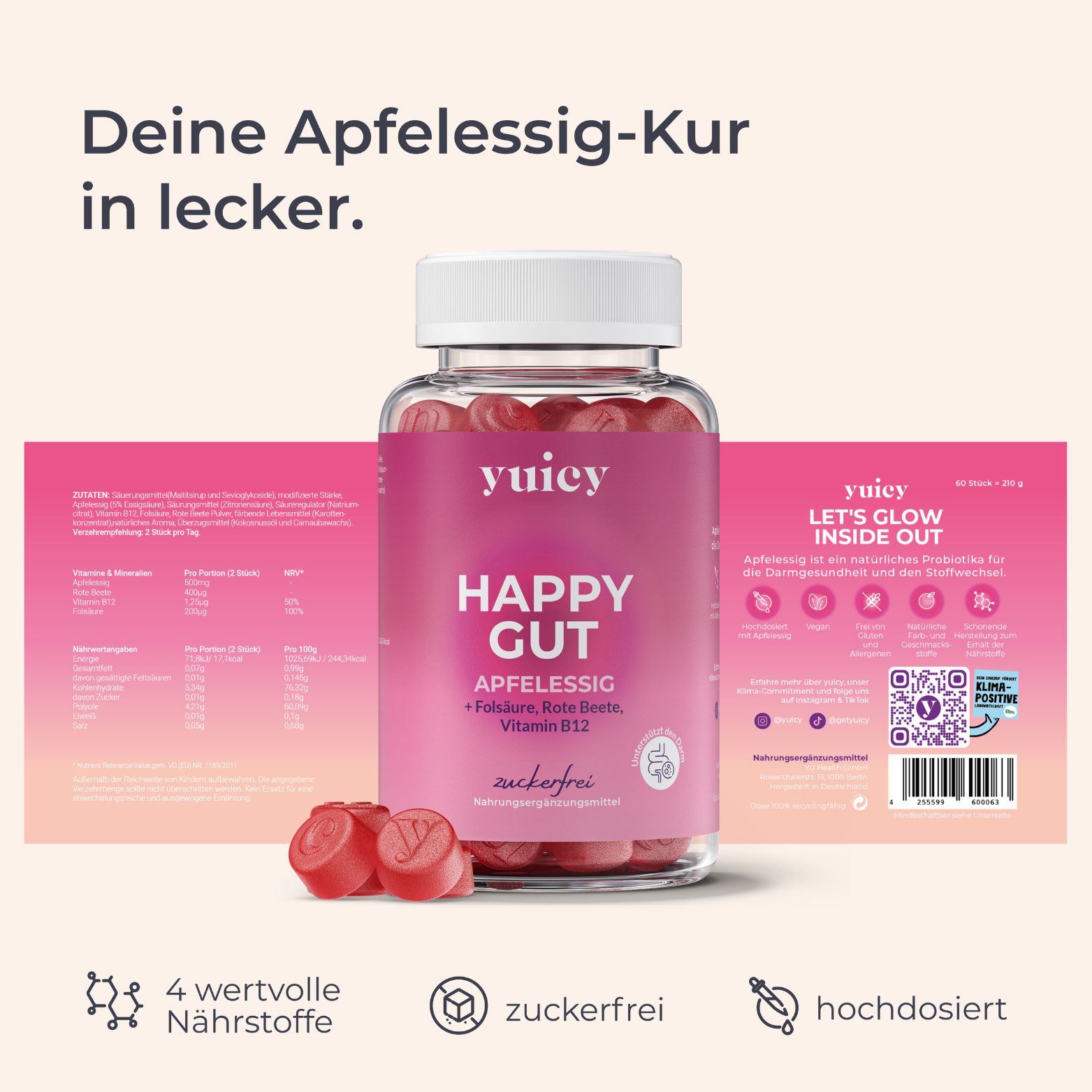 Flasche yuicy® Happy Gut Gummies. Text: Deine Apfelessig-Kur in lecker. 4 wertvolle Nährstoffe, zuckerfrei, hochdosiert. Beiliegend: Produktinformationen.