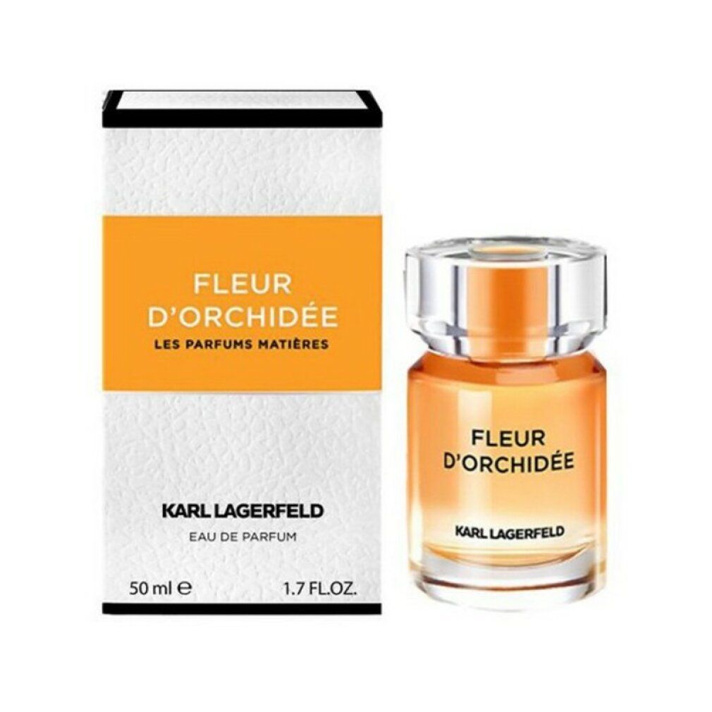 Fleur d'Orchidée Eau de Parfum Spray, Flakon und Verpackung. Aufschrift: Karl Lagerfeld, Fleur d'Orchidée, Eau de Parfum, 50 ml.