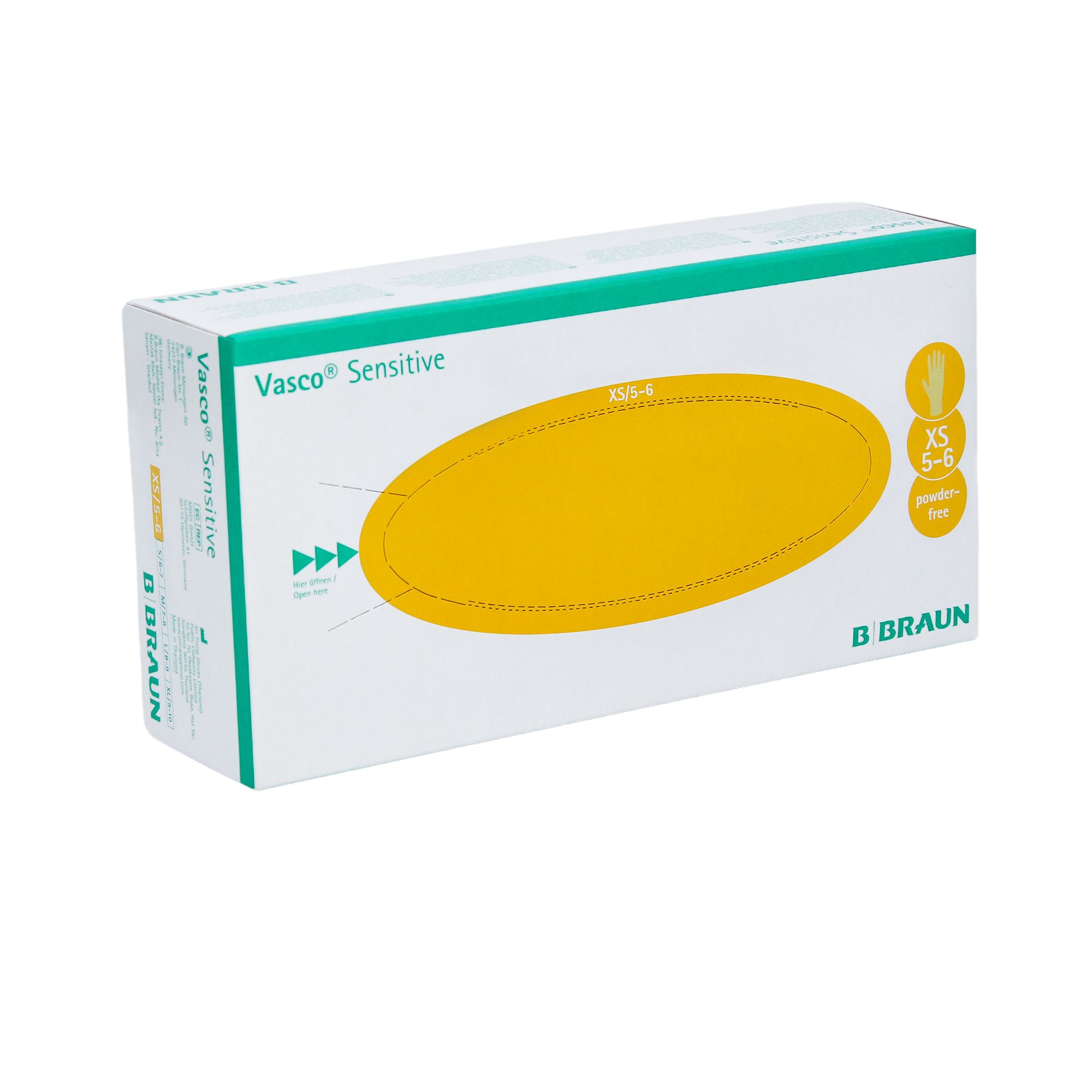 Verpackung von B. Braun Vasco® Sensitive Latex-Untersuchungshandschuhen. Weiß mit grünen Akzenten. Gelbes Oval mit Größenangaben.