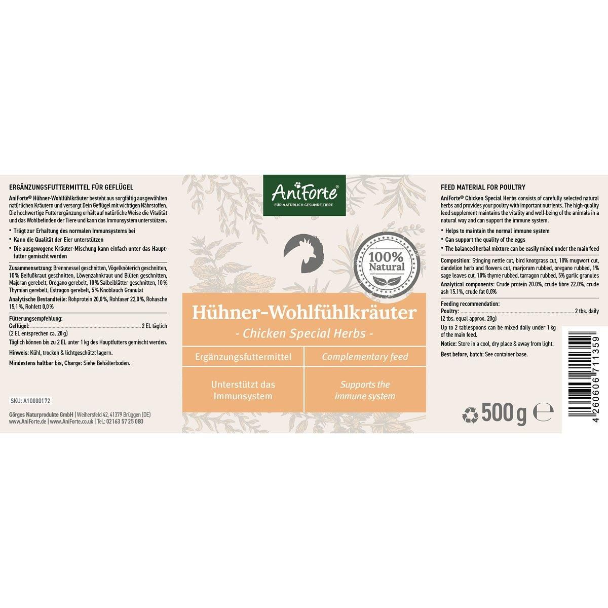 Produktetikett mit Text: Hühner-Wohlfühlkräuter, Ergänzungsfuttermittel, Unterstützt das Immunsystem, 500g.