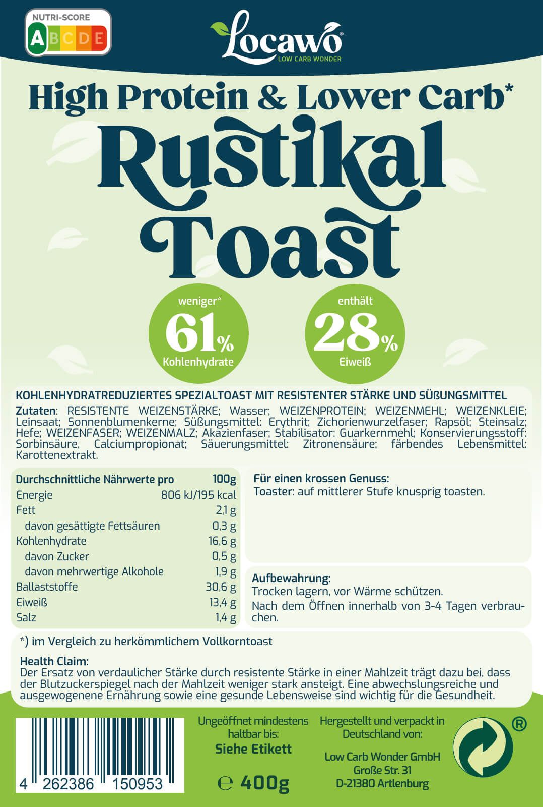 Rückseite der Verpackung von Locawo Rustikal Toast. Enthält Nährwertangaben, Zutatenliste und Herstellerinformationen.