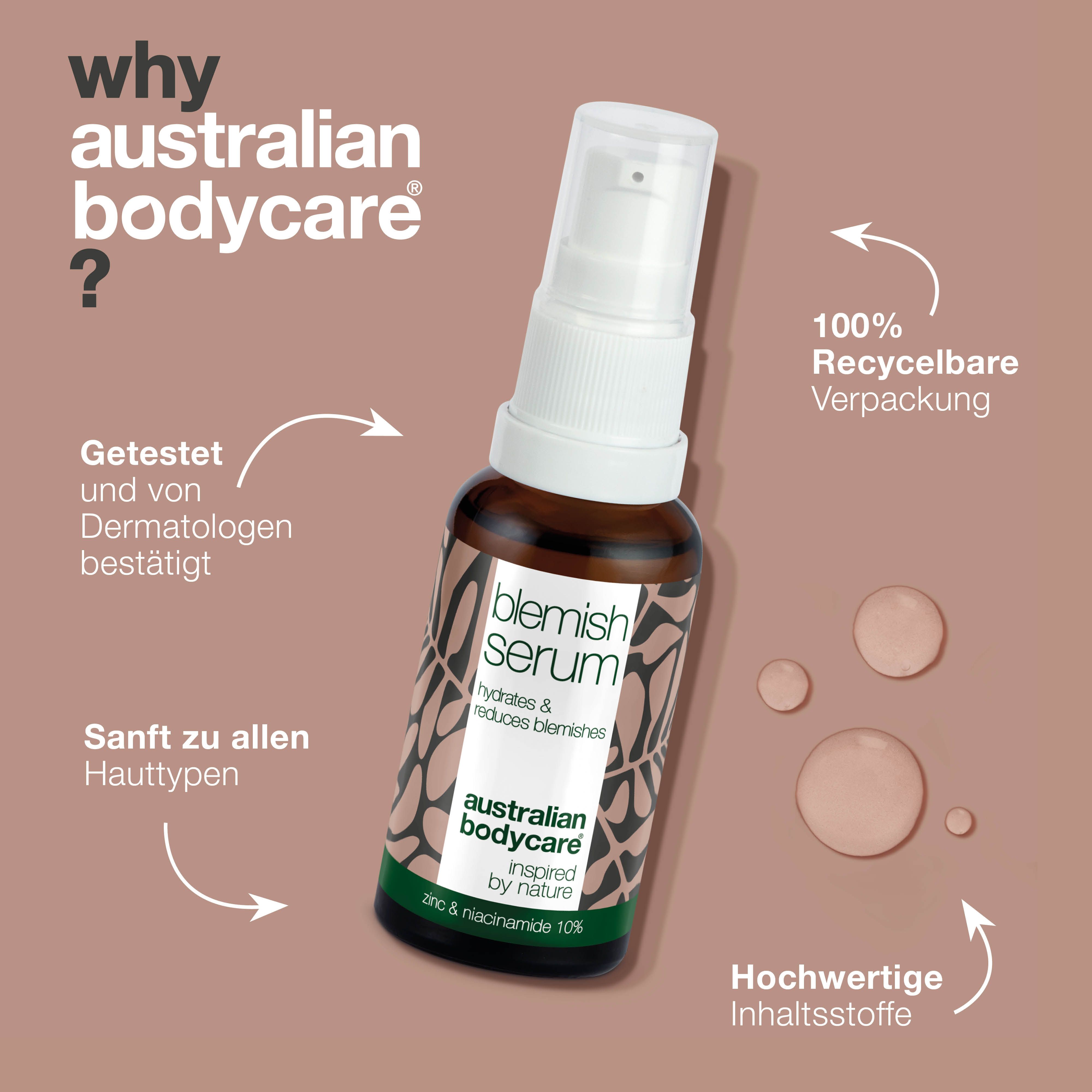 Produktinformationen und Serumflasche. Aufschrift: Blemish Serum, Australian Bodycare.
