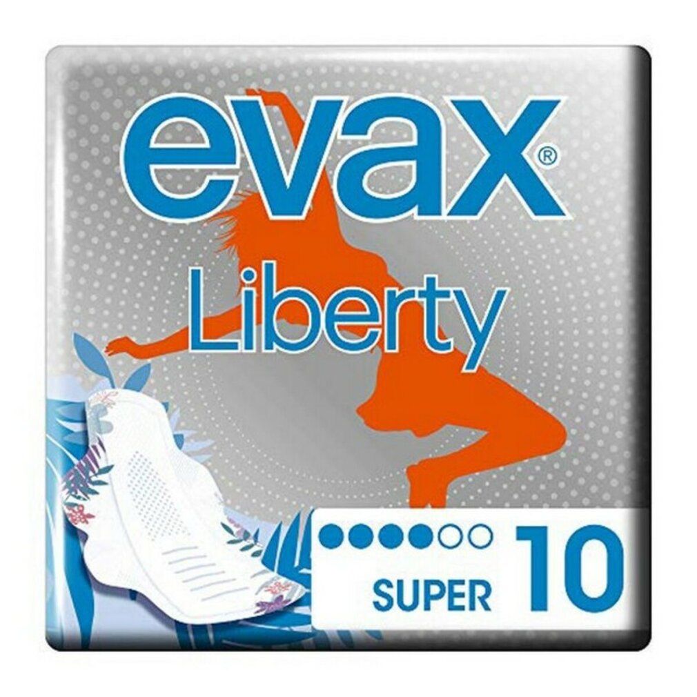 Verpackung Evax Liberty Super Damenbinden. Silberne Schachtel mit blauem Schriftzug und orangefarbener Figur. Enthält 10 Stück.