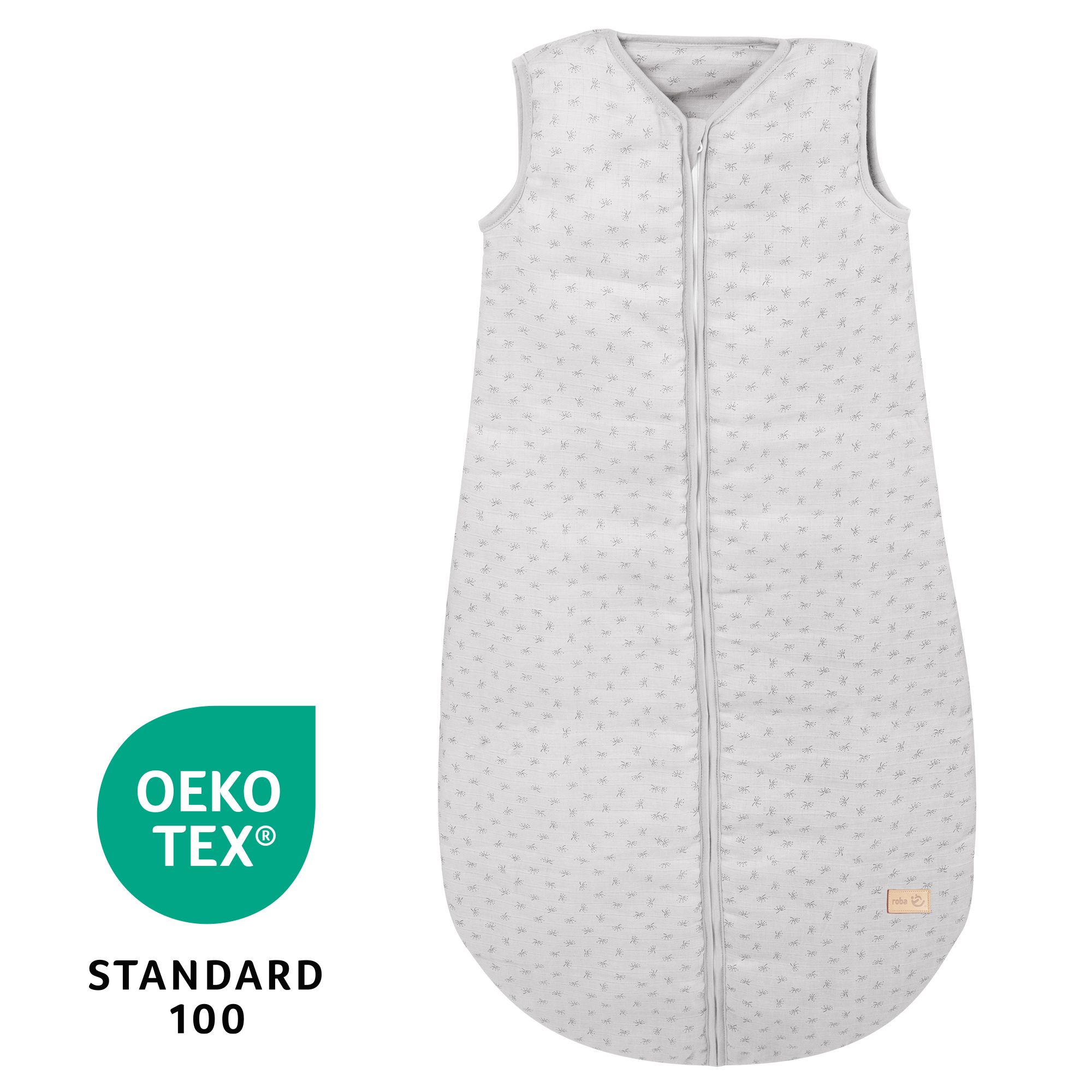 Hellgrauer Schlafsack mit Reißverschluss und Muster. Oeko-Tex Standard 100.