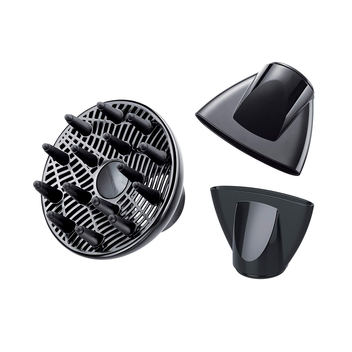 Drei schwarze Aufsätze für einen Haartrockner. Ein Diffusor und zwei Düsen.