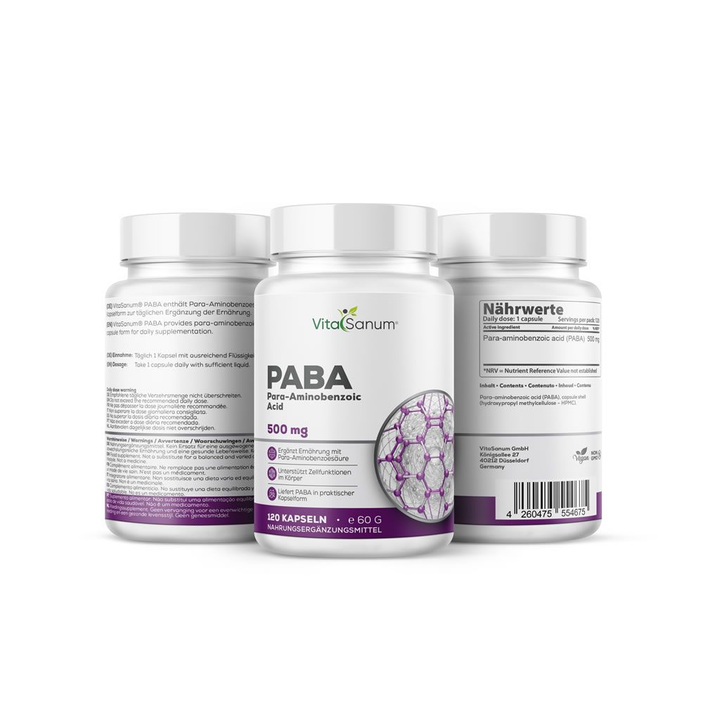 Drei weiße Flaschen mit Etiketten. Auf einer steht: VitaSanum PABA Para-Aminobenzoesäure 500 mg. 120 Kapseln. Nahrungsergänzungsmittel.