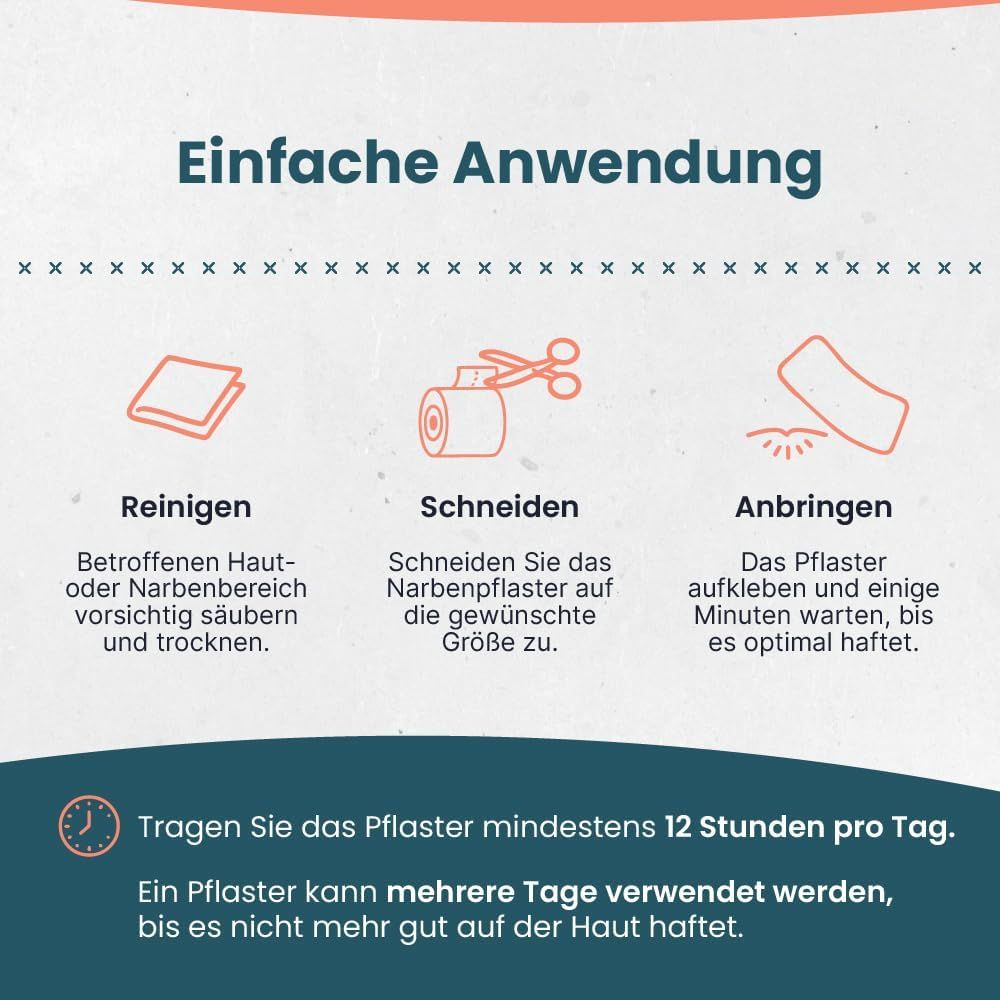 Drei Schritte: Reinigen, Schneiden, Anbringen. Text beschreibt die Anwendung. Empfohlene Tragezeit: mindestens 12 Stunden pro Tag.