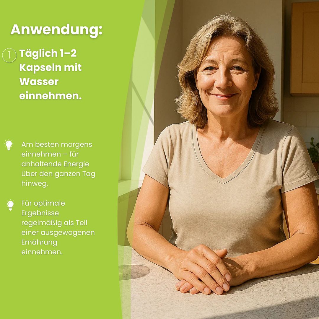 Lächelnde ältere Frau sitzt am Tisch, mit Text über die Anwendung von Biostile Q10 + Selen Kapseln.
