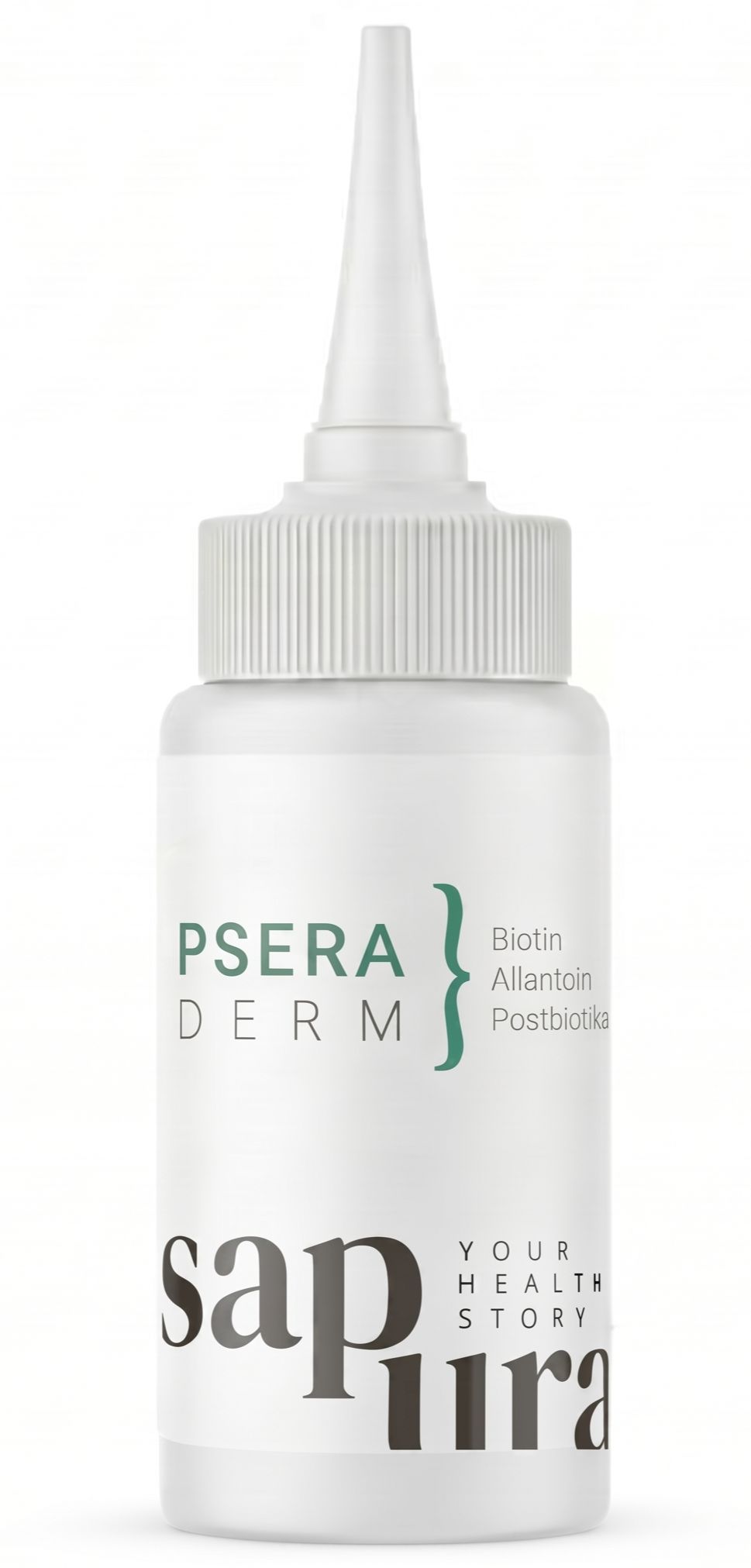 Weiße Flasche mit Applikator. Beschriftung: PSERA DERM, sapura, Biotin, Allantoin, Postbiotika. Grün-schwarzes Logo.