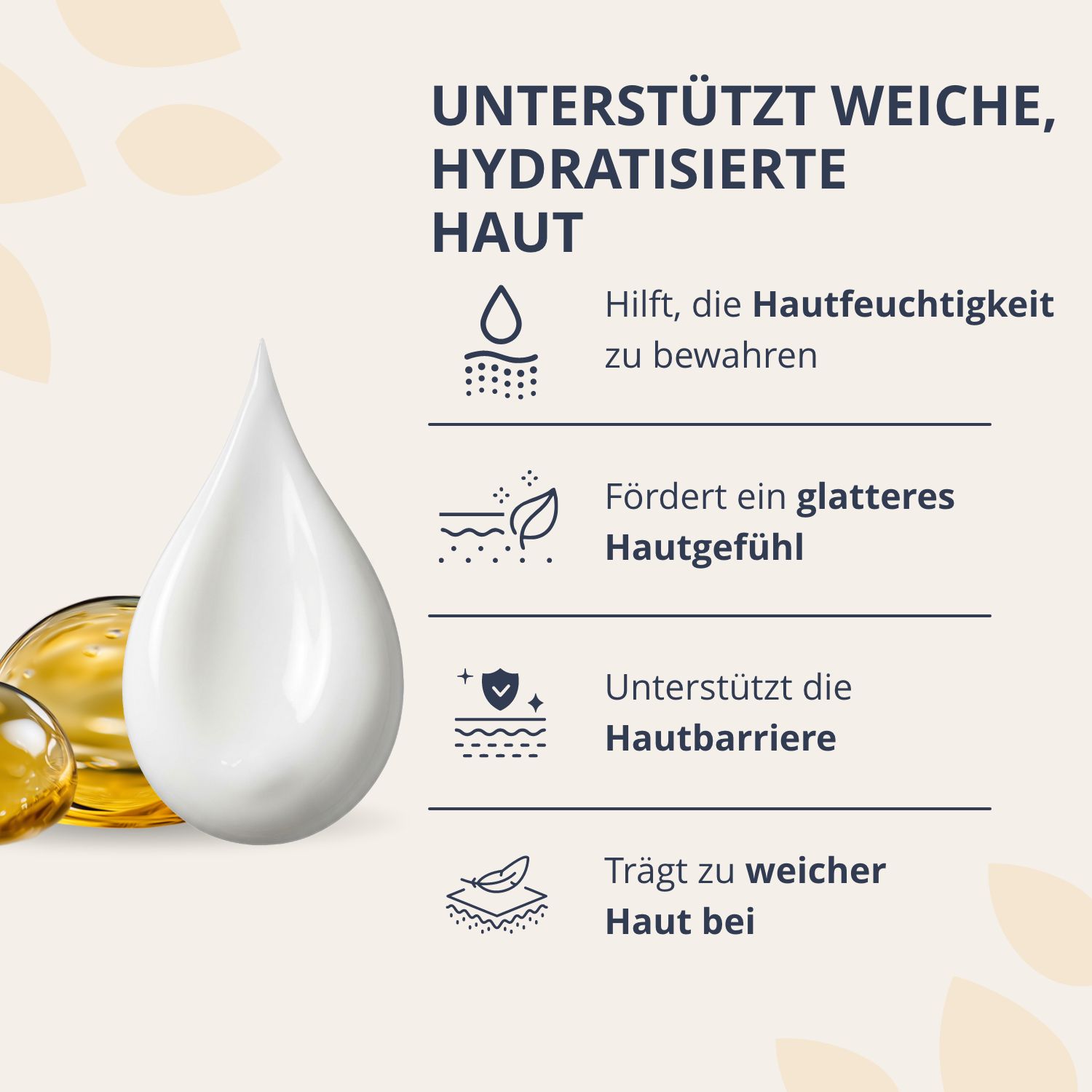 Tropfen und Creme-Spur neben Symbolen, die weiche, hydratisierte Haut unterstützen. Golden Tree Bloom.