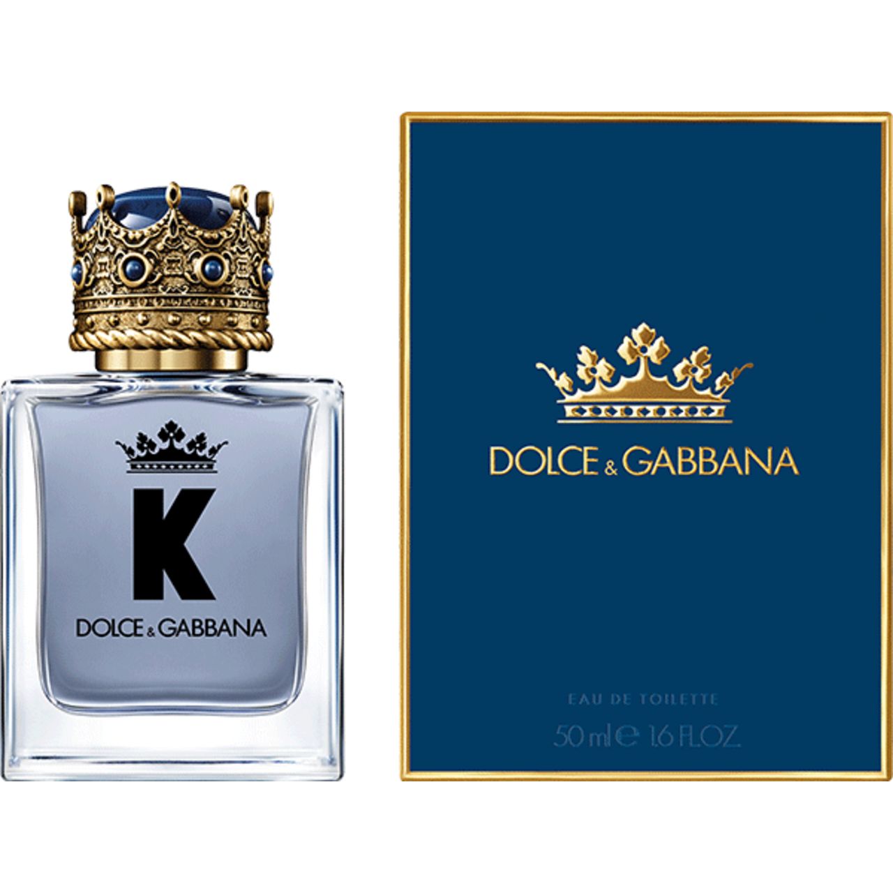 Flakon und Verpackung von K by Dolce & Gabbana. Flakon mit Kronenkappe, blaue Flüssigkeit. Blaue Schachtel mit Logo.