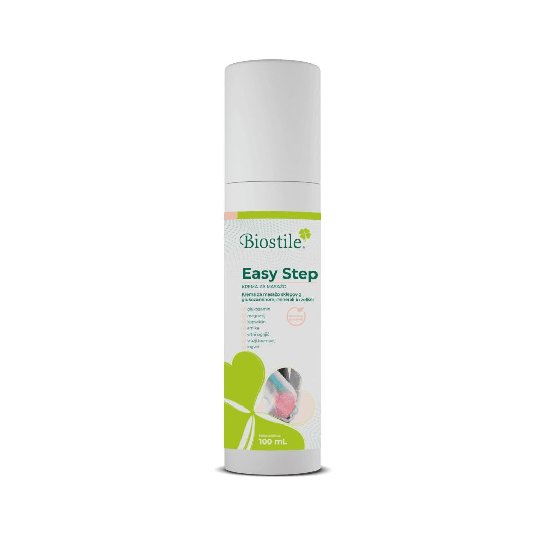 Biostile Easy Step Gelenkmassagecreme, weiße Flasche mit grünem Etikett, 100ml, isoliert.