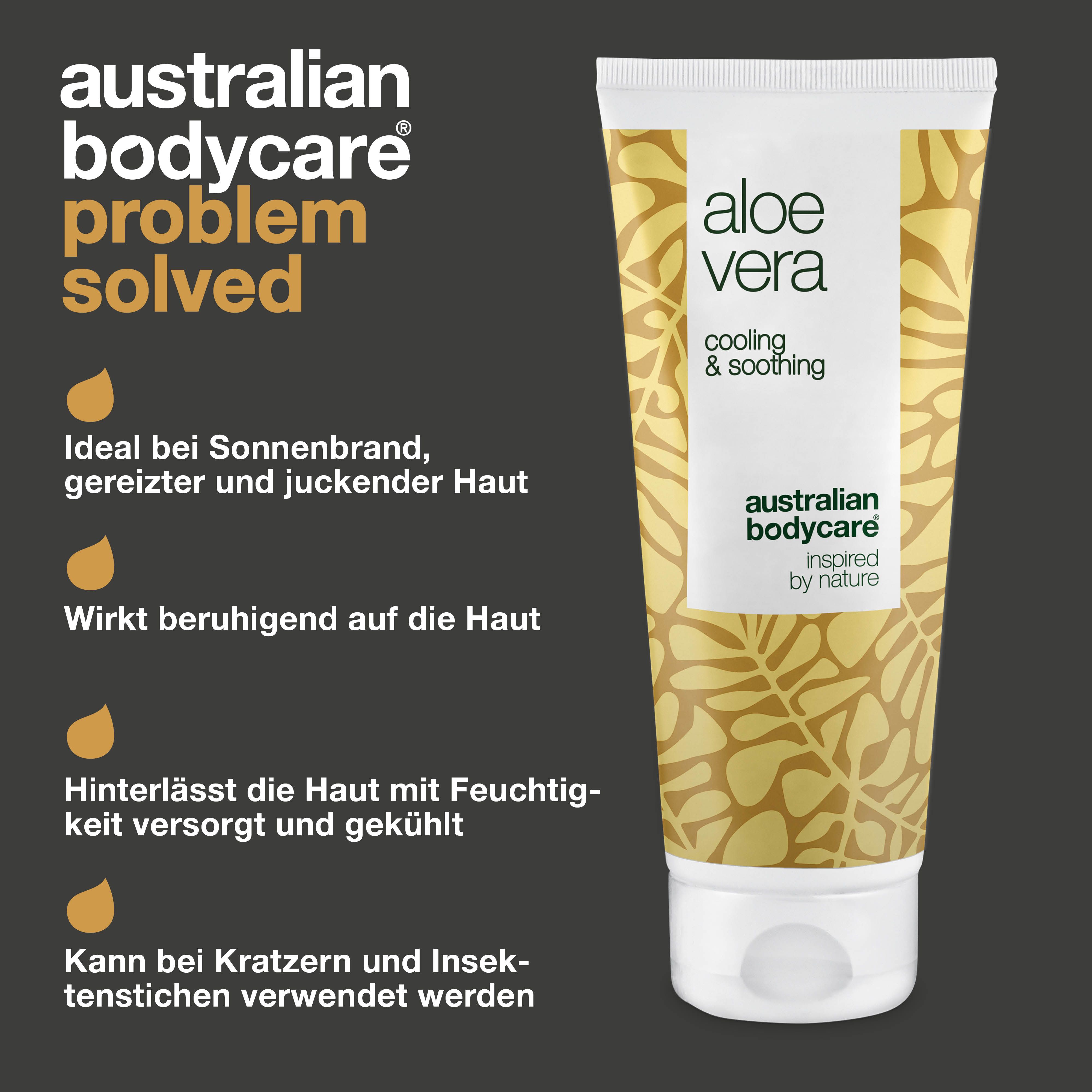 Aloe Vera Gel, Text: cooling & soothing, Australian Bodycare. Vorteile: beruhigend, feuchtigkeitsspendend.
