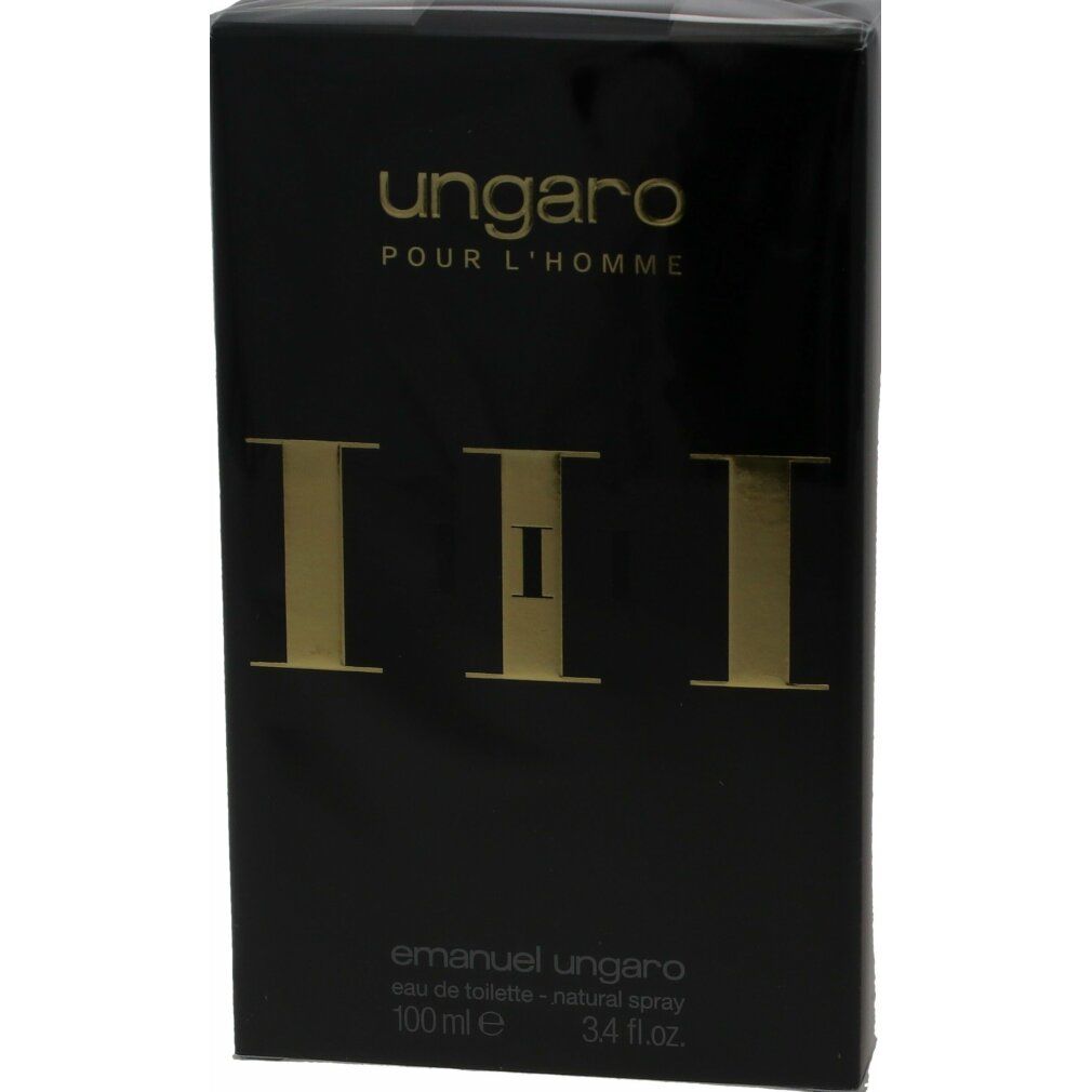 Schwarzer Karton mit goldfarbenem Schriftzug "ungaro POUR L'HOMME III". Unten steht "emanuel ungaro eau de toilette - natural spray".