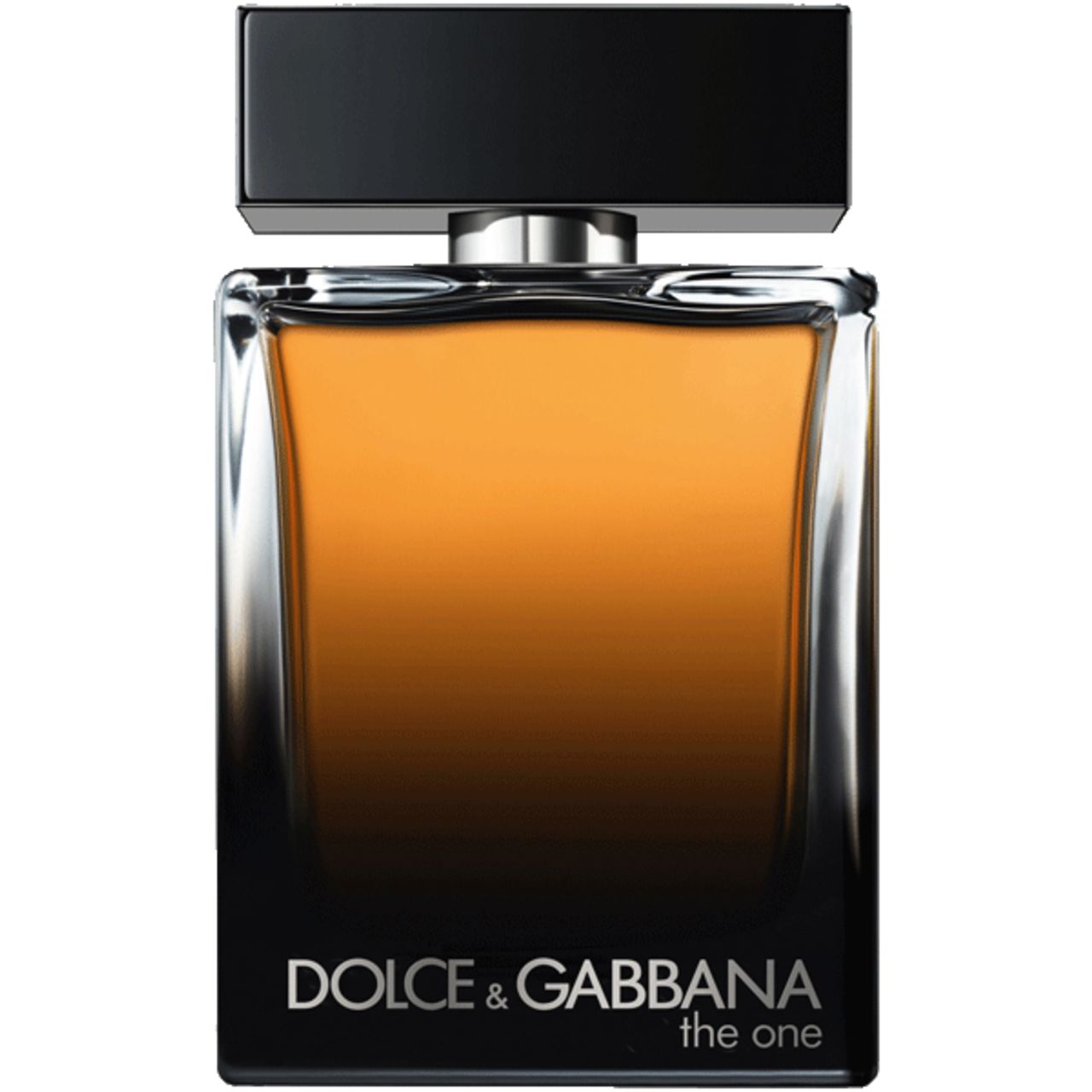 Dolce & Gabbana The One For Men Flakon. Schwarzer Deckel, rechteckiger Flakon, braune Flüssigkeit. Silberner Zerstäuber.