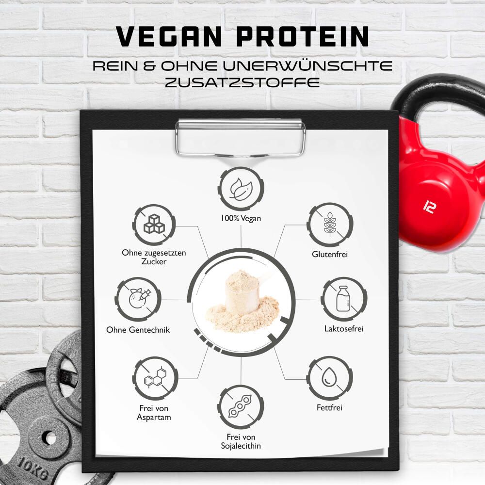 Infografik Vegan Protein. Ohne Zucker, Gentechnik, Aspartam, Sojalecithin, 100% Vegan, Glutenfrei, Laktosefrei, Fettfrei.
