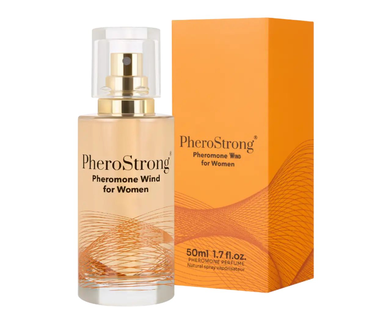 Parfümflasche und Verpackung. Aufschrift: PheroStrong Pheromone Wind für Frauen. Verpackung: orangefarben, mit Text.