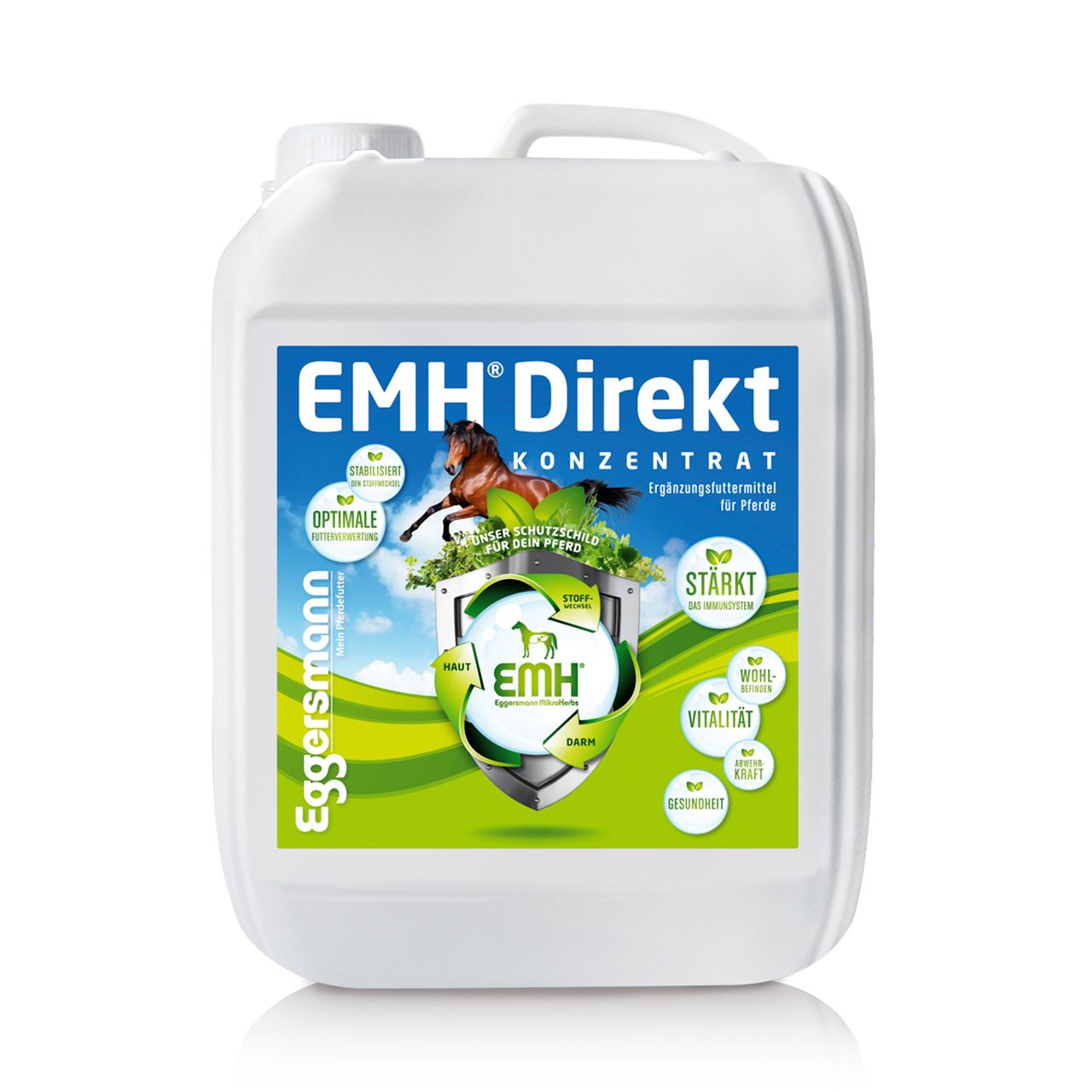 Weißer Kanister mit Etikett. Aufschrift EMH Direkt, Konzentrat. Logo mit Pferd. Zusatzfutter für Pferde. Grüne und blaue Elemente.