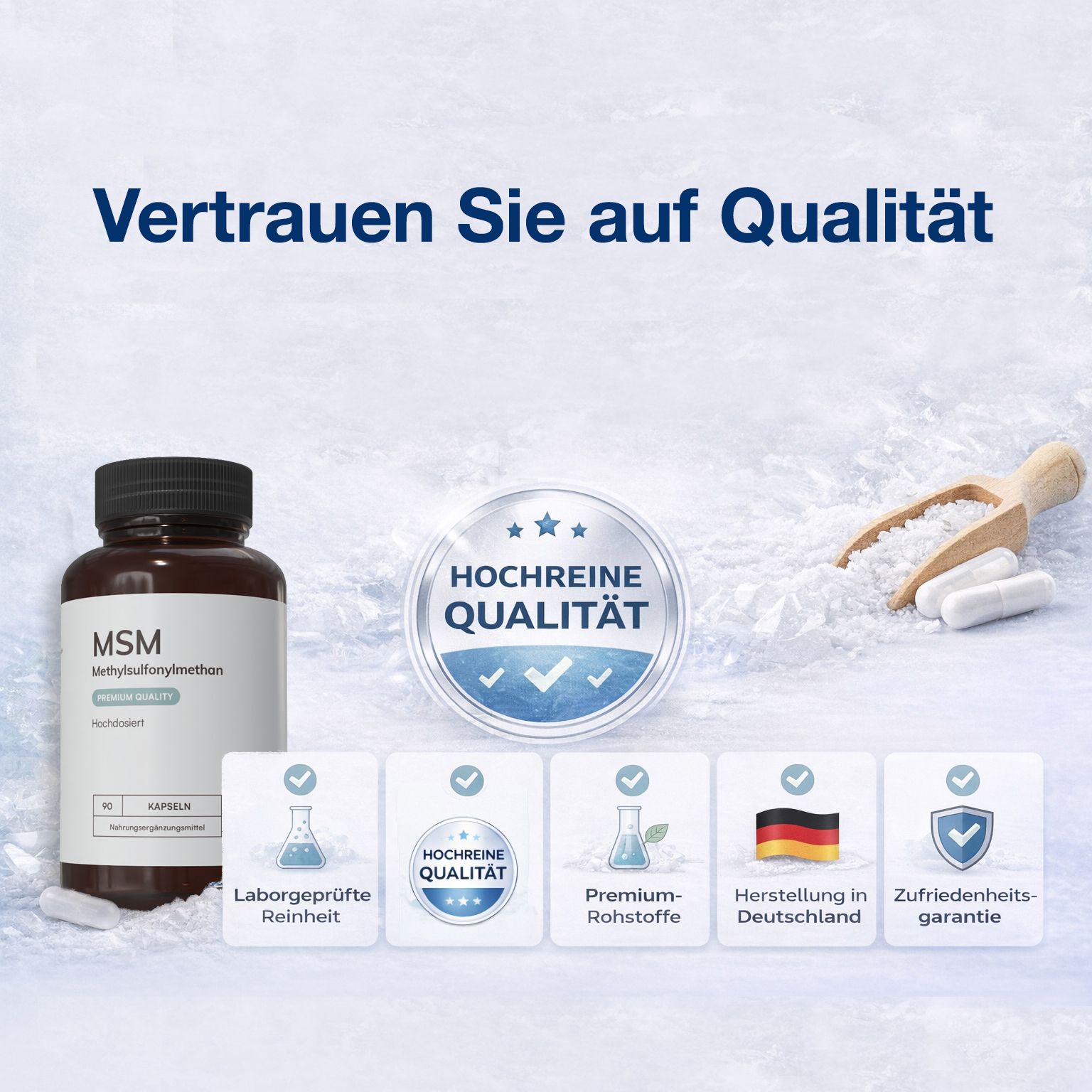 Braune Kapsel-Dose mit weißem Etikett. Aufschrift: MSM Methylsulfonylmethan. Qualitätsmerkmale: Laborgeprüfte Reinheit, hochreine Qualität, Premium-Rohstoffe, hergestellt in Deutschland.
