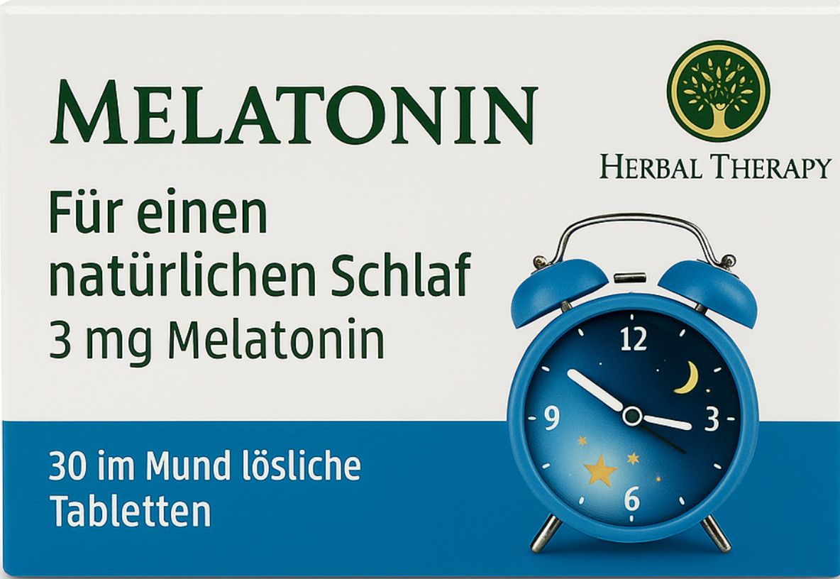 Schachtel mit Melatonin-Tabletten. Aufschrift: MELATONIN, Herbal Therapy, 3 mg Melatonin, 30 Tabletten.