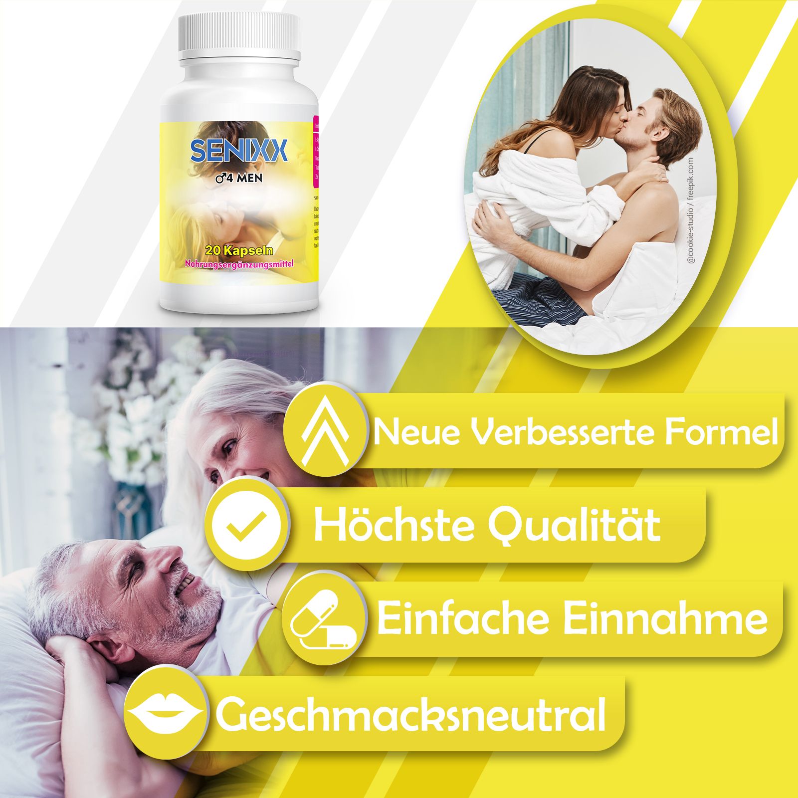 Flasche mit SENIXX 4 MEN, 20 Kapseln. Text: Neue verbesserte Formel, Höchste Qualität, Einfache Einnahme, Geschmacksneutral. Hintergrund: Paar.