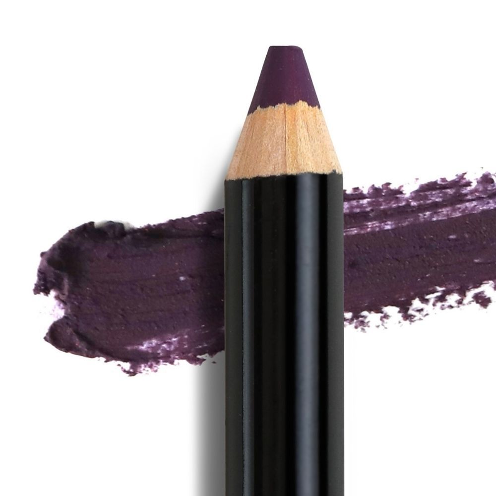 Nahaufnahme eines dunkelvioletten Kajalstifts. Spitze des Stifts und Farbabstrich sichtbar.