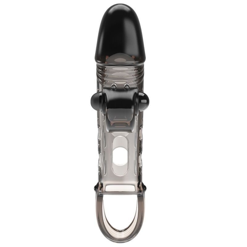 Schwarze, transparente Penishülle mit Vibrationsfunktion. Mit Ring und Öffnungen. Oben geschlossen, unten offen.