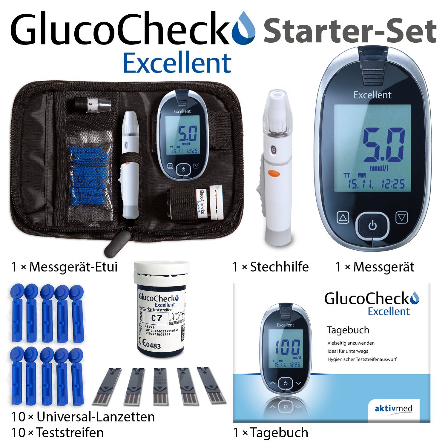 GlucoCheck Excellent Messgeräte-Set (mmol/L) zur Blutzuckerkontrolle