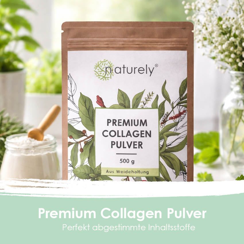 Braune Tüte mit weißem Etikett. Aufschrift: Naturely Premium Kollagen Pulver, 500 g. Illustrationen von Blättern und Blüten.