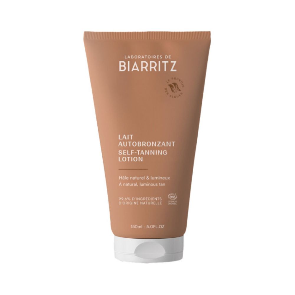 Braune Tube mit weißem Verschluss. Aufschrift: BIARRITZ, LAIT AUTOBRONZANT SELF-TANNING LOTION. Text: Hale natural & lumineus.