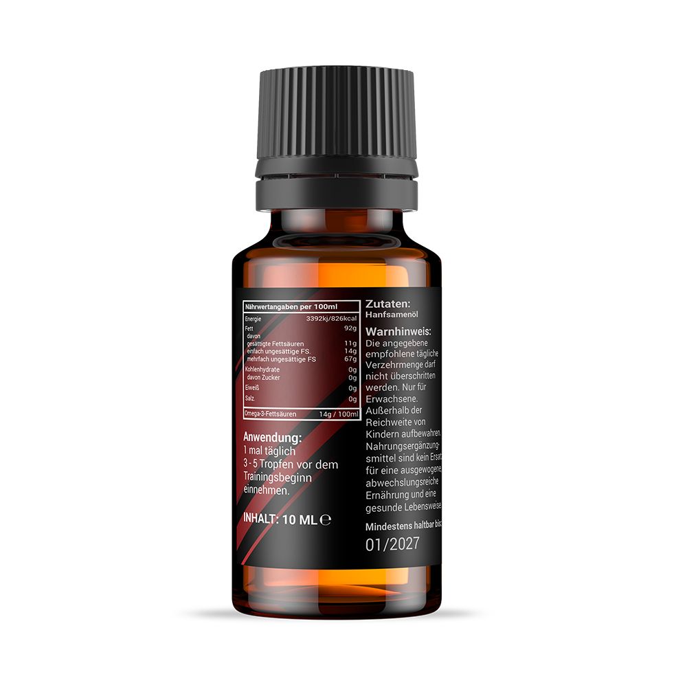 Rückseite einer braunen Glasflasche mit schwarzem Deckel. Enthält Informationen zu Inhaltsstoffen und Anwendung.