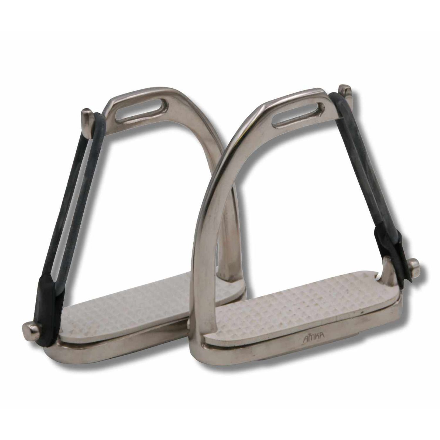 Zwei silberfarbene Sicherheitssteigbügel. Sie haben eine rechteckige Trittfläche und einen schwarzen Gummiring.