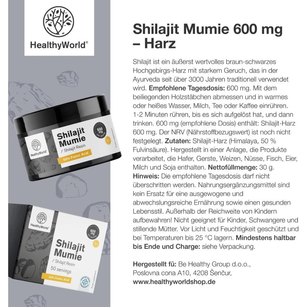 HealthyWorld Shilajit Mumie 600 mg Harz: Ayurvedisches Harz, Fulvinsäure. Mehrere Packungen.