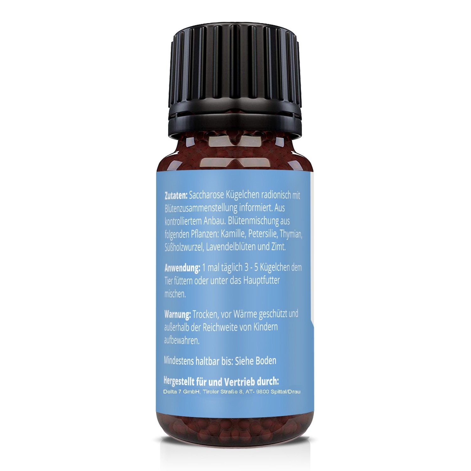 Braune Glasflasche mit schwarzem Deckel. Rückseite mit Etikett und Text. Zutaten, Anwendung, Warnung, Mindesthaltbarkeit, Hersteller.