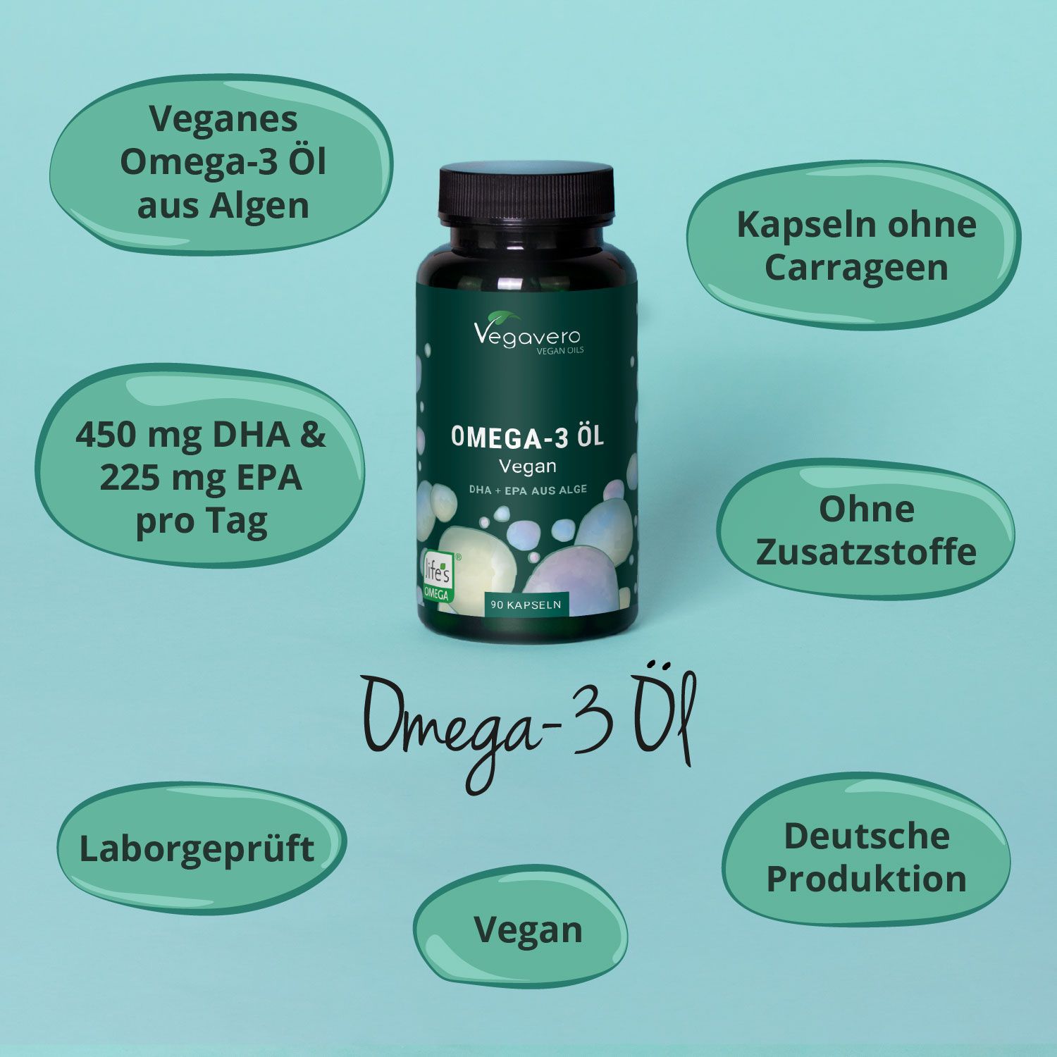 Flasche mit VEGAVERO OMEGA-3 ÖL. Aufschrift: Vegan. 90 Kapseln. Symbole: Algen, Kapseln ohne Carrageen, ohne Zusatzstoffe, Laborgeprüft.