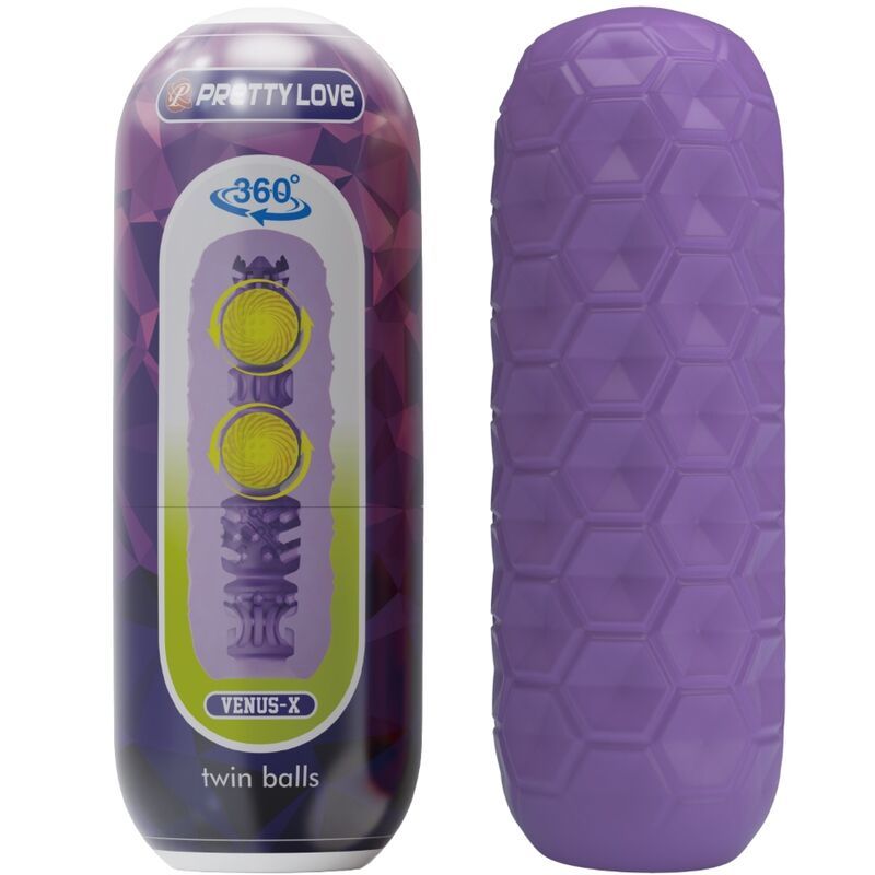 Lila Masturbator mit Wabendesign und zwei inneren Kugeln, daneben die Verpackung mit Produktabbildung.