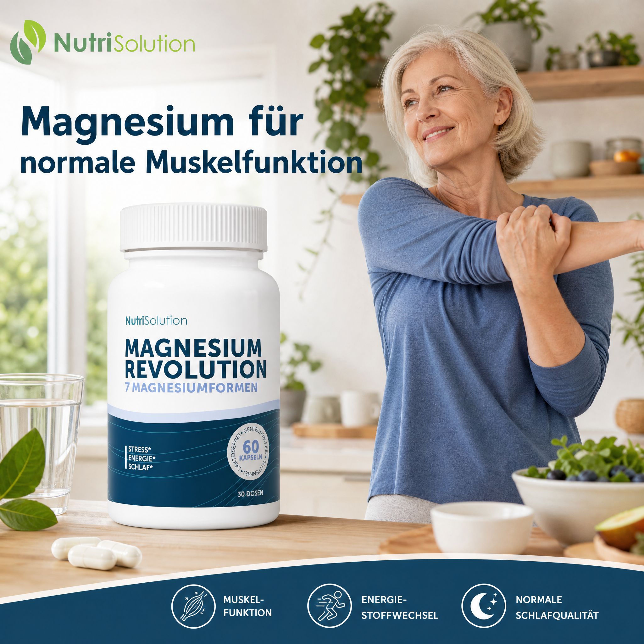 NutriSolution Magnesium Revolution Flasche mit 60 Kapseln, mit Icons für Muskelfunktion, Energie und Schlaf.